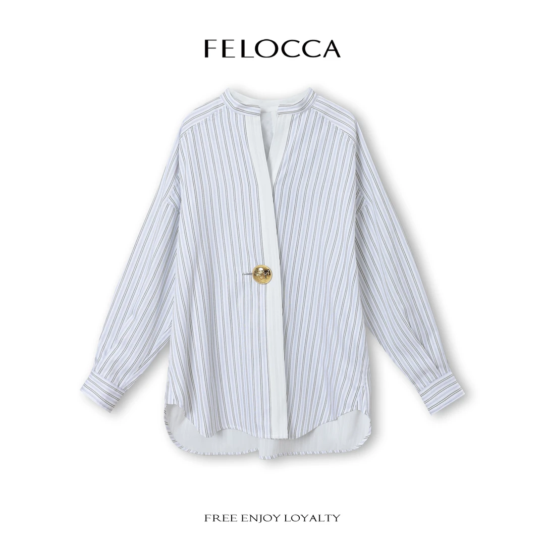 【FELOCCA】设计感一粒扣宽松休闲条纹衬衫显瘦中长款上衣CC2662