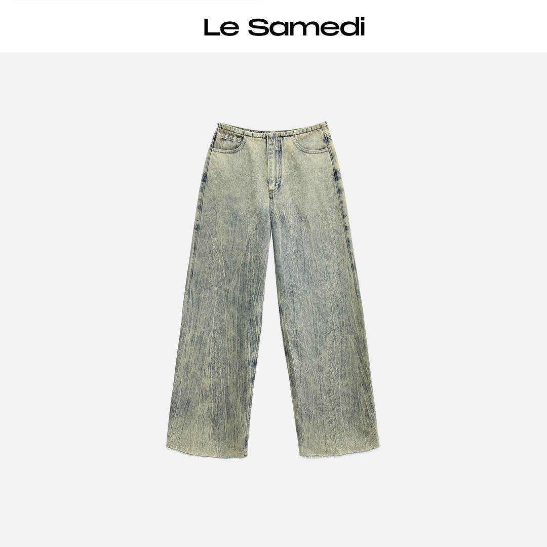 Le Samedi【黄油牛仔】高密水洗棉 做旧磨痕连腰阔腿毛边牛仔裤