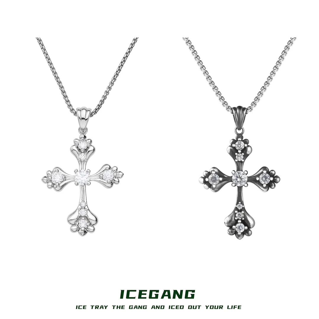 ICEGANG 铜合金莫桑石吊坠 莫桑石十字军花吊坠项链轻奢高级男女