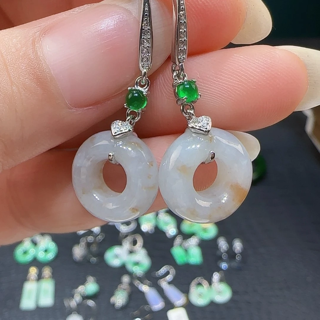 翡翠银S925镶嵌耳饰天然缅甸a货翡翠