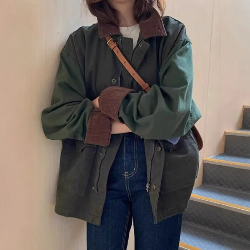 美式复古绿色翻领工装夹克外套女春秋高级感中长款冲锋衣宽松上衣