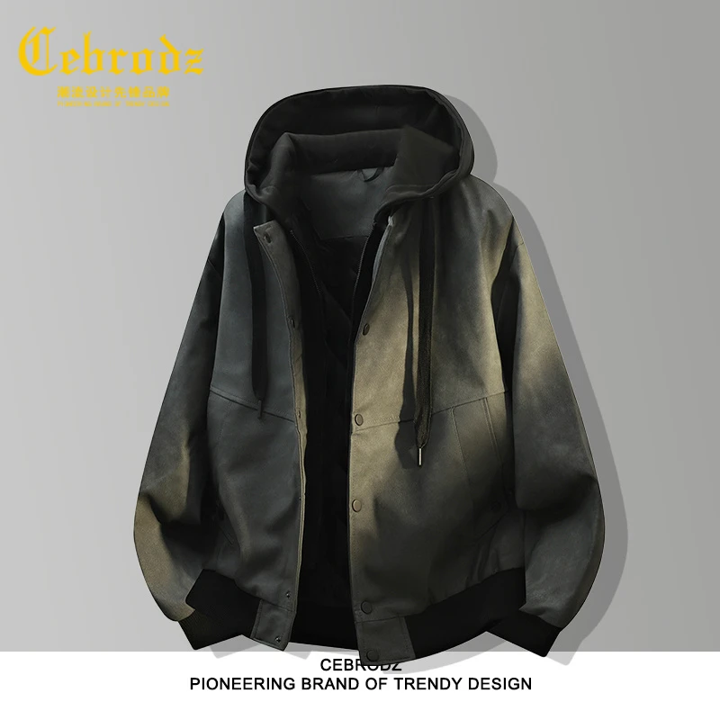 法国Cebrodz美式假两件飞行夹棉百搭皮夹克冬季男工装秋男士外套