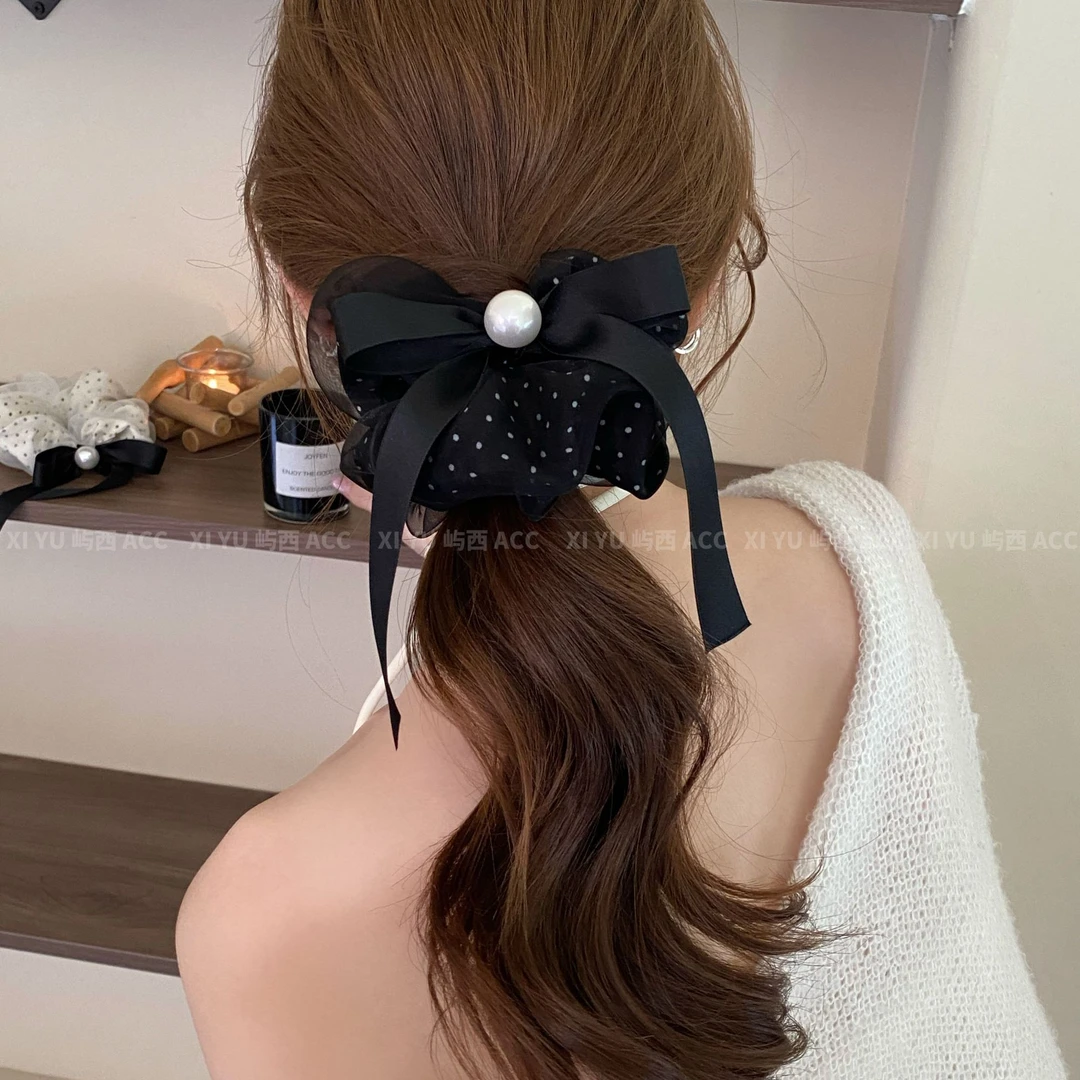 暮色波点高级感气质法式复古珍珠网纱蝴蝶结大肠发圈韩系甜美发饰