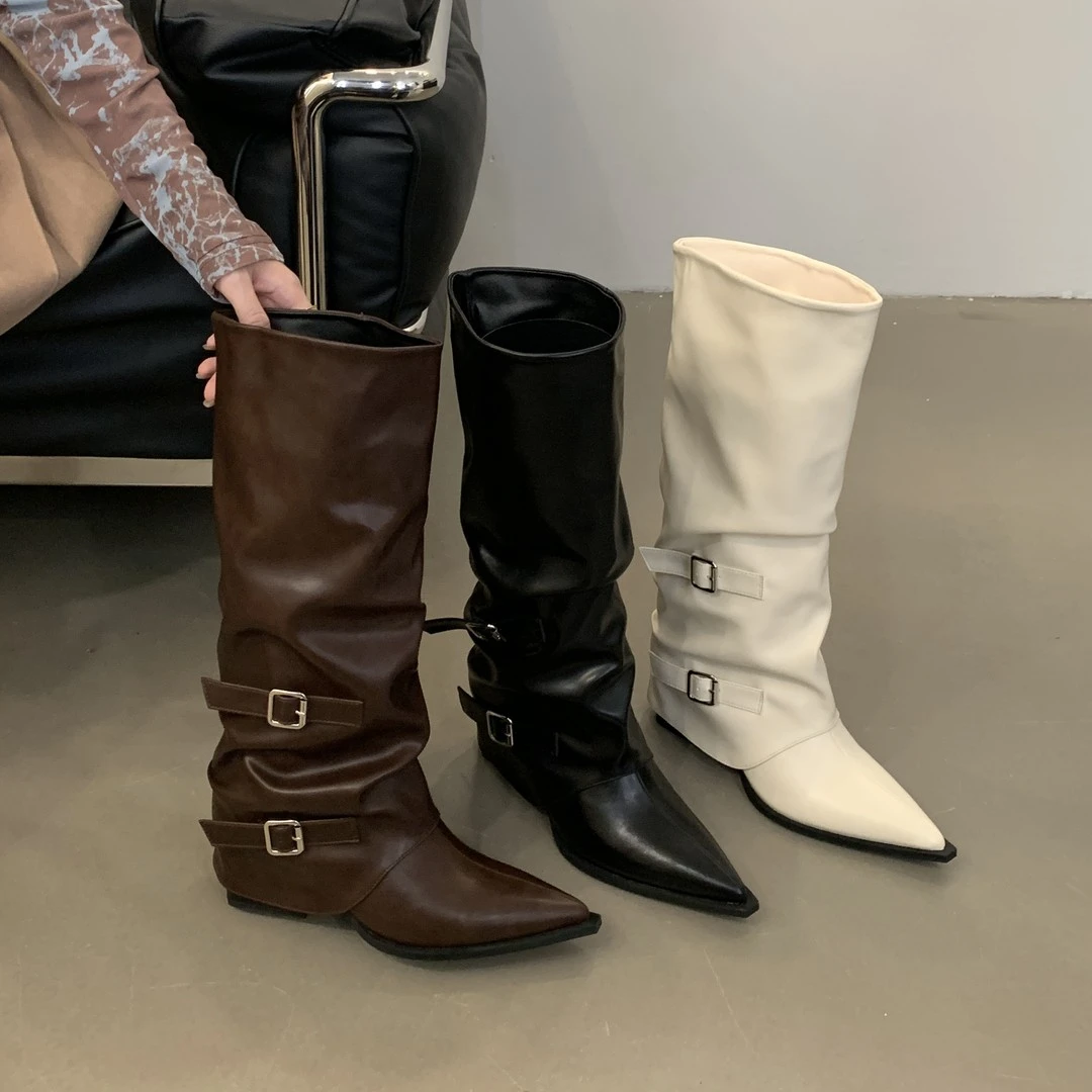 尖头搭扣褶皱堆堆靴女粗跟2025款朋克风骑士靴炸街辣妹高跟长筒靴