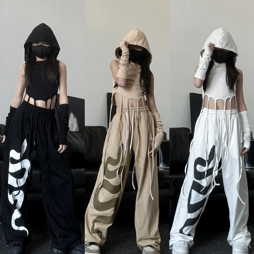 2025春夏新款女童废土风连帽背心印花卫裤少儿爵士舞演出服两件套