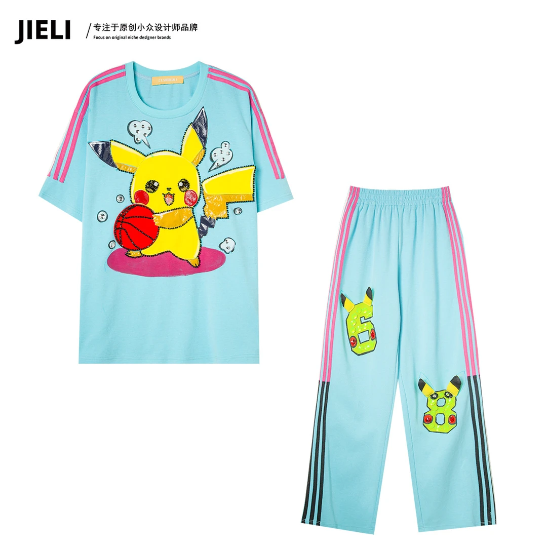 JIE LI/街力定制春季新款设计师潮流皮卡丘蓝色套装女T7576