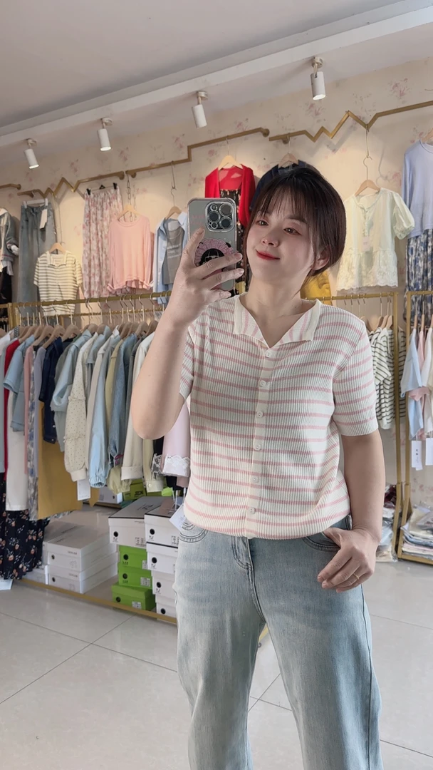 春季短袖薄款条纹不褪色毛针织衫百搭夏季polo短款翻领休闲