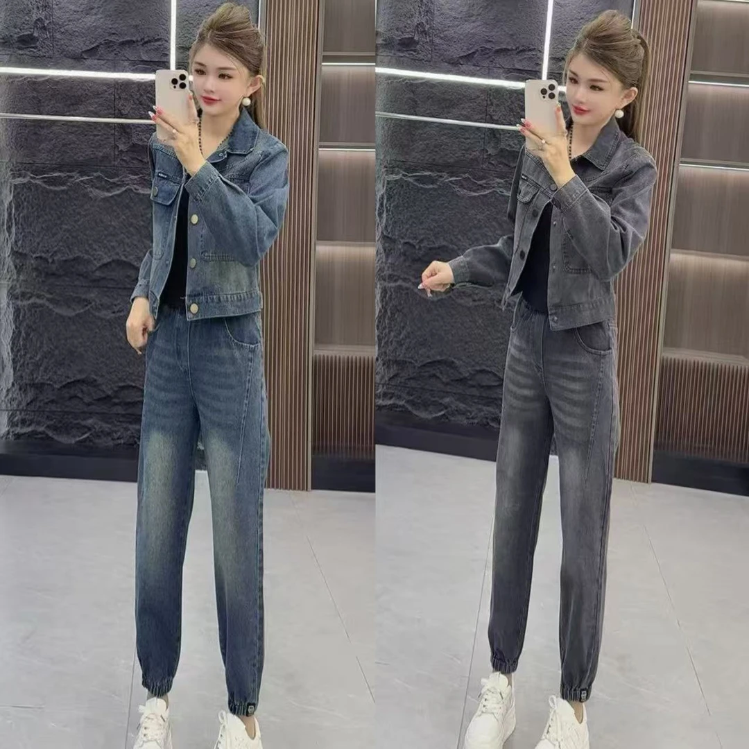 秋款0866 时尚洋气翻领牛仔上衣外套 加 束腿长裤 两件套