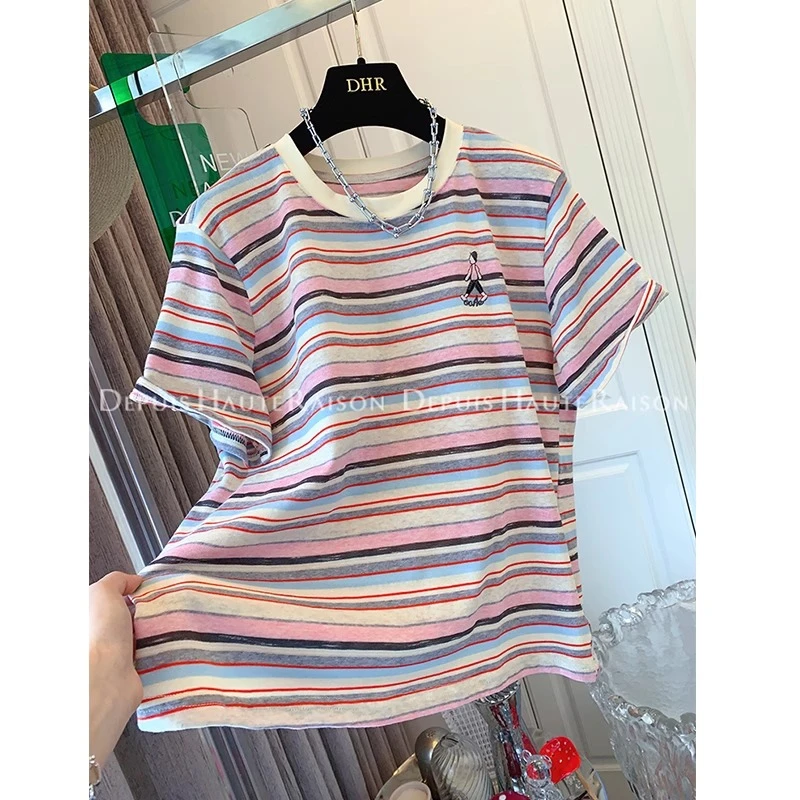 胖妹妹240斤大码复古刺绣彩条纹短袖上衣女夏季宽松设计感显瘦T恤