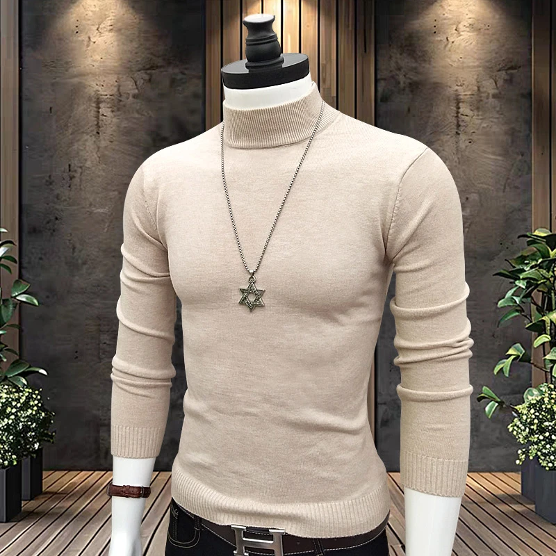 半高领青年男款保暖修身毛衣针织衫百搭上衣2025秋冬修身白色打底