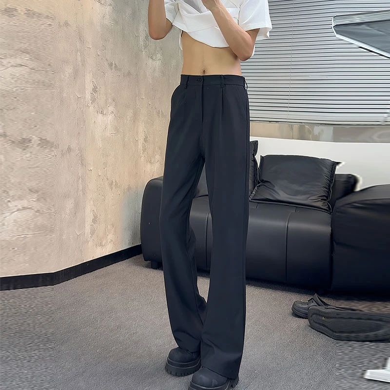 【高品质】美式垂坠感黑色微喇西裤男女早秋显瘦显高显腿长弯刀裤子