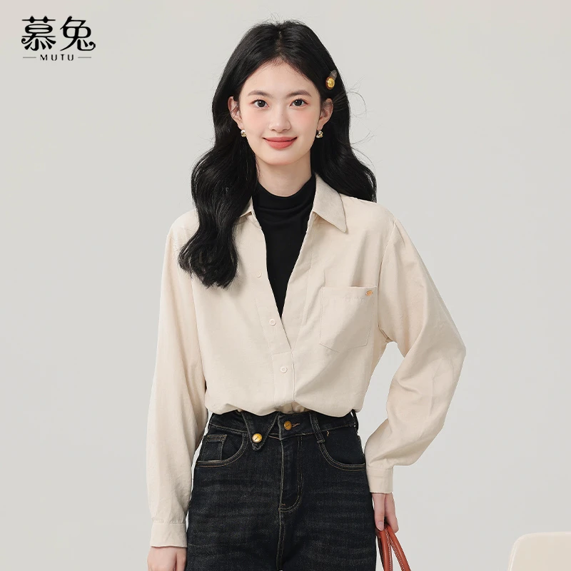 慕兔法式复古半高领假两件衬衫女2025春季新款设计感小众长袖上衣