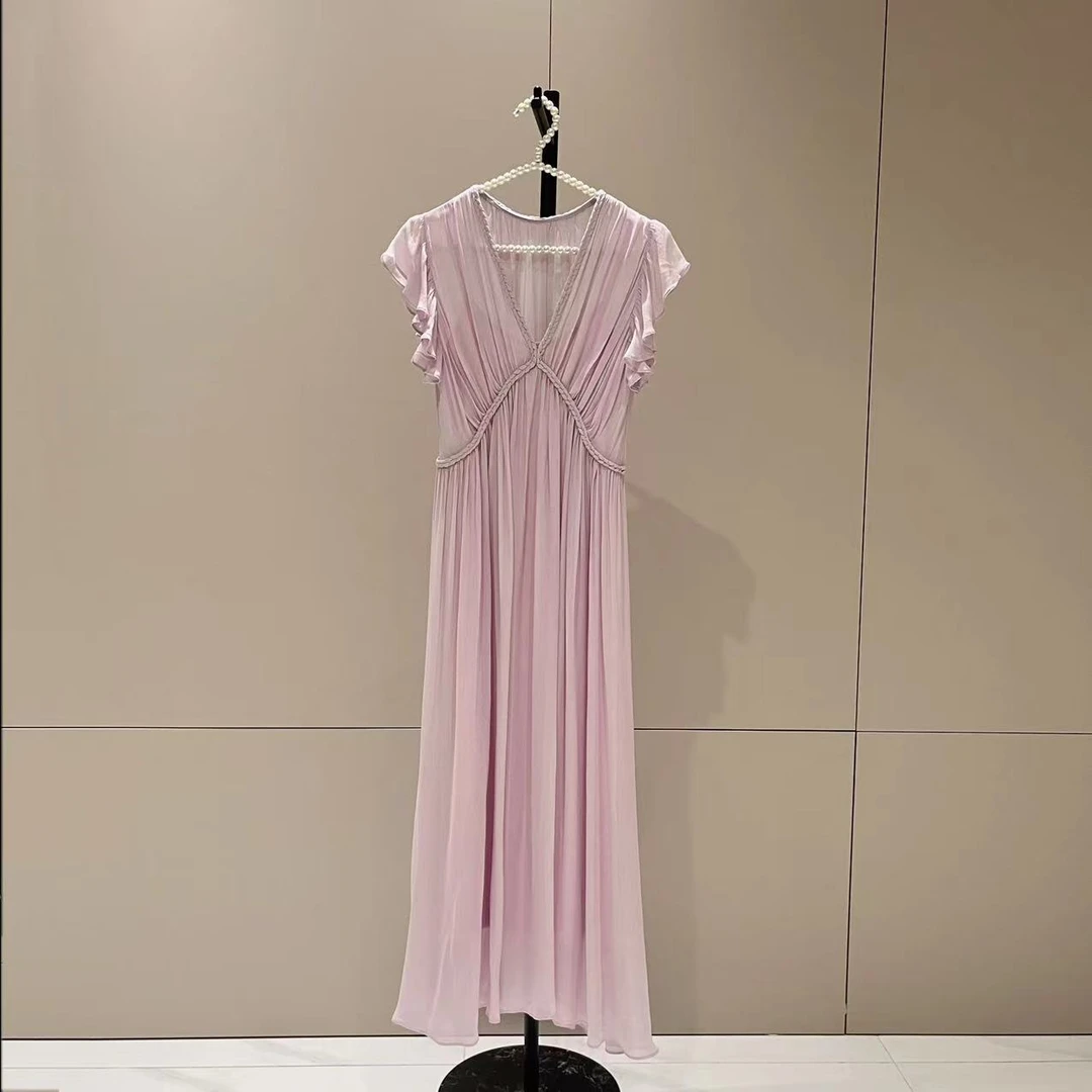 气质V领蝴蝶边袖捆边收腰褶皱精致两件套连衣裙