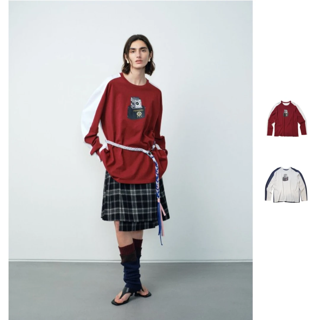 MANZANILLA   秋季新品25撞色吐司机印花T恤宽松长袖休闲女