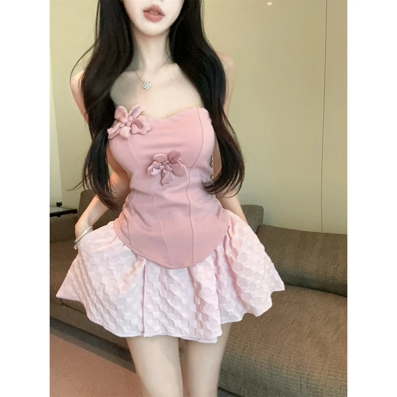粉色浪漫甜美立体花朵鱼骨收腰抹胸上衣高腰A字短裙伞裙套装女夏