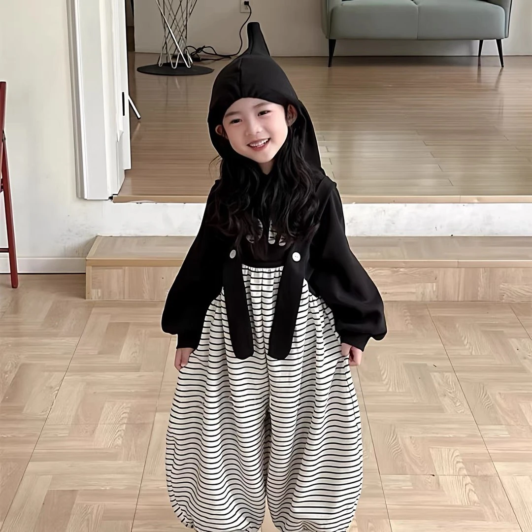 巫师帽2025新款可爱女童超萌秋款条纹背带裤可盐可甜卫衣套装宝宝