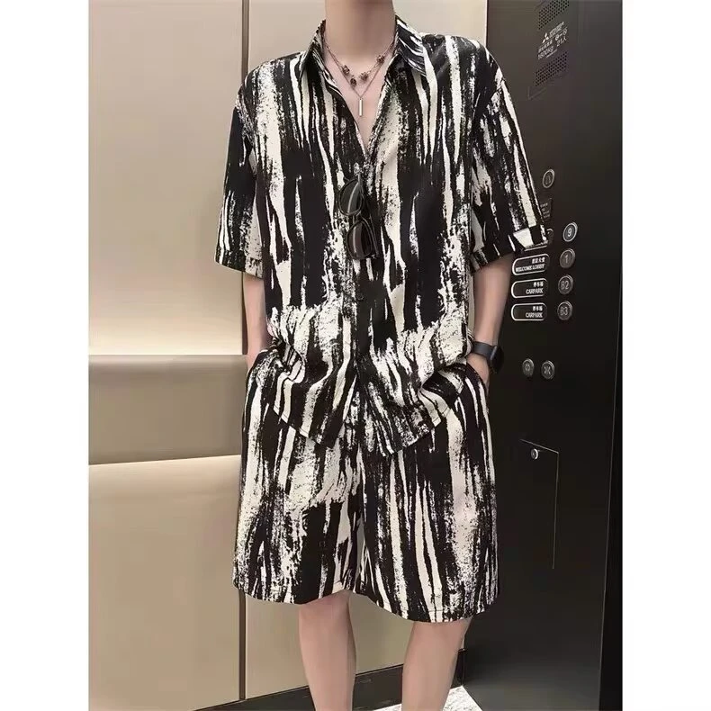 夏季新品水墨高级感痞帅休闲男装套装休闲服网红短袖短裤男款轻熟