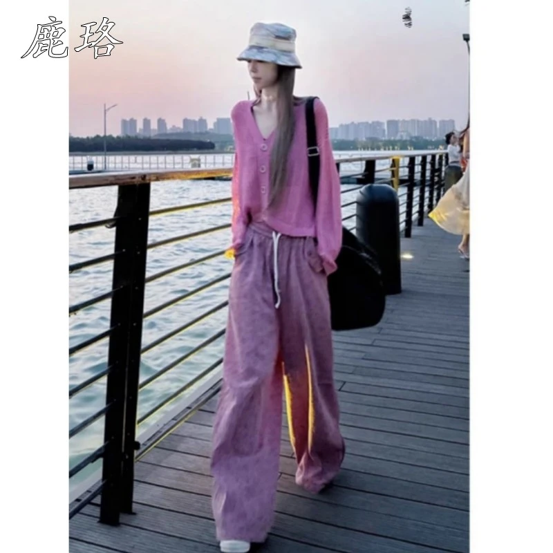 2025夏季新款法式可甜可盐显瘦减龄粉色开衫碎花阔腿裤两件套女