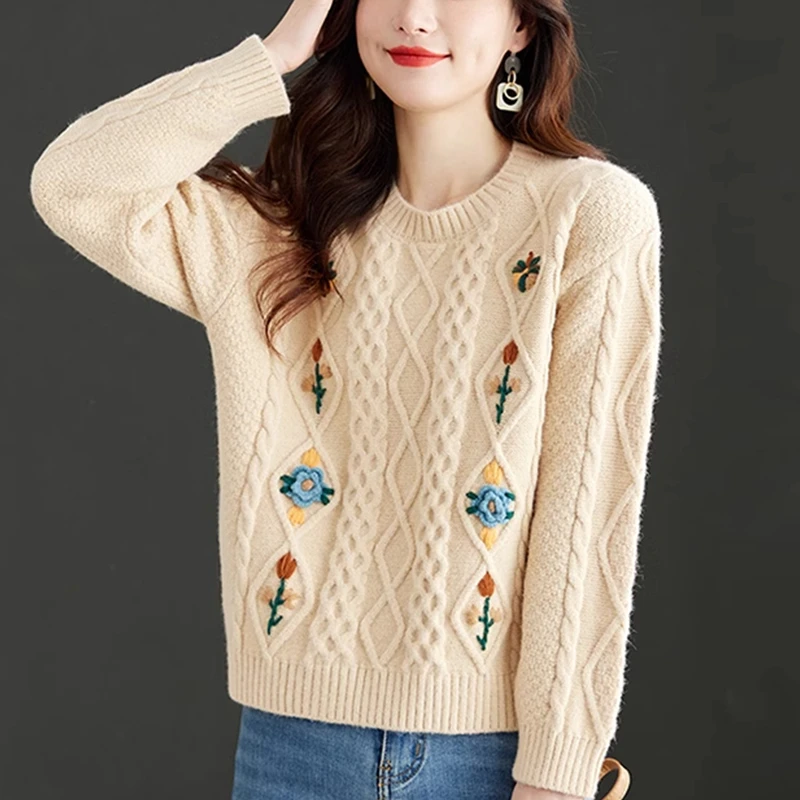 100纯羊毛衫女秋冬新款针织时尚羊绒打底衫宽松加厚百搭绞花毛衣