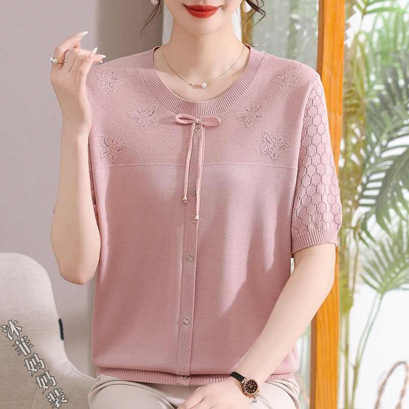 时尚妈妈夏装新款冰丝短袖t恤衫洋气中老年女装宽松百搭针织上衣