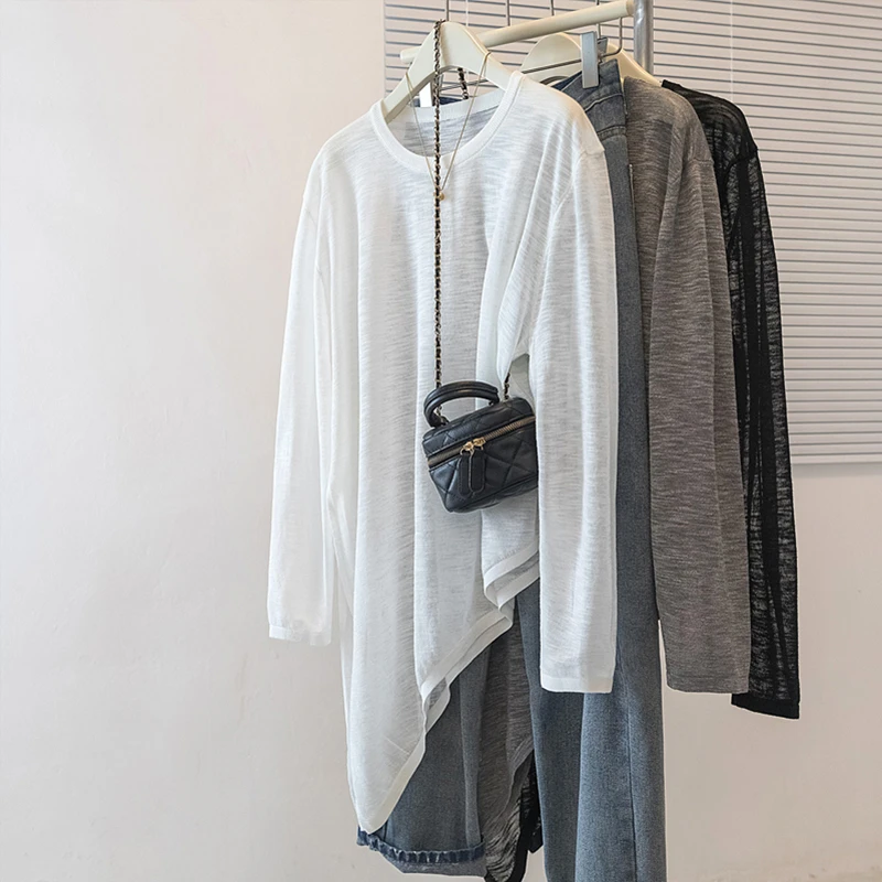 白色薄款防晒不规则罩衫长袖女夏季新款设计百搭时尚圆领显瘦上衣