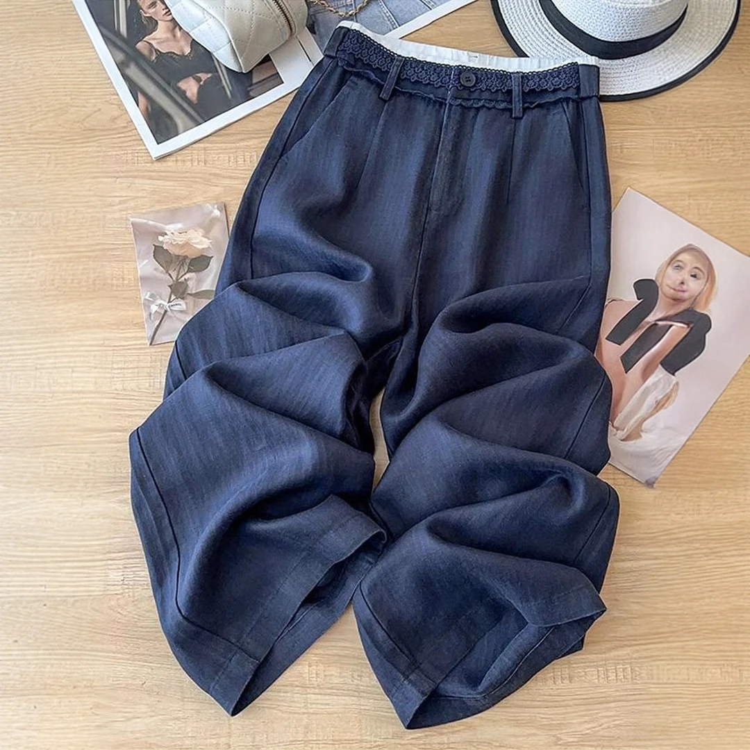 藏青色亚麻垂坠感阔腿裤女2025夏季薄款高腰宽松显瘦休闲直筒裤子