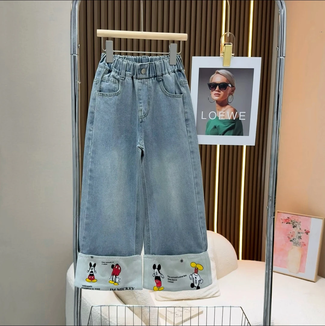 C2574春季新款女童裤脚米老鼠牛仔裤