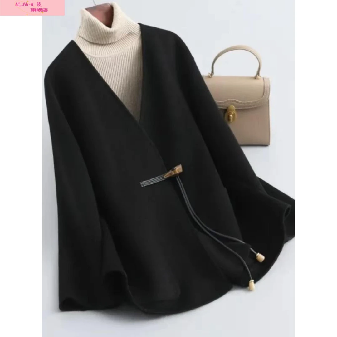 妃袖大衣短款小个子秋冬V领国风中式毛呢外套气质网红时尚百搭黑