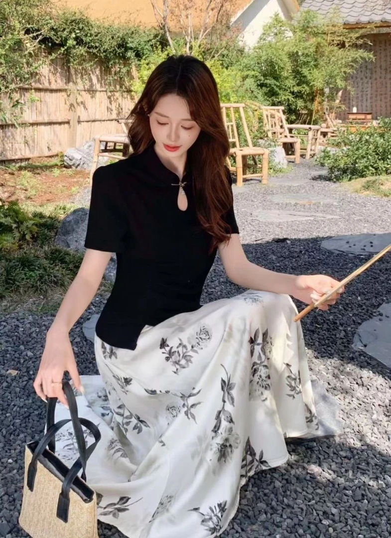 【9715】水#黑色国风上衣+半身裙【套装】