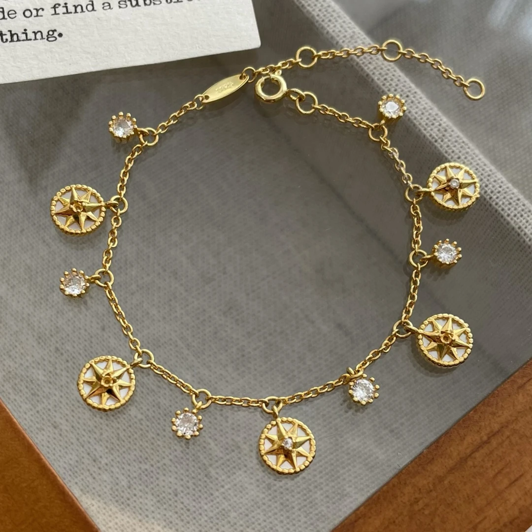 925银手链 S925银八芒星金色罗盘手链925银