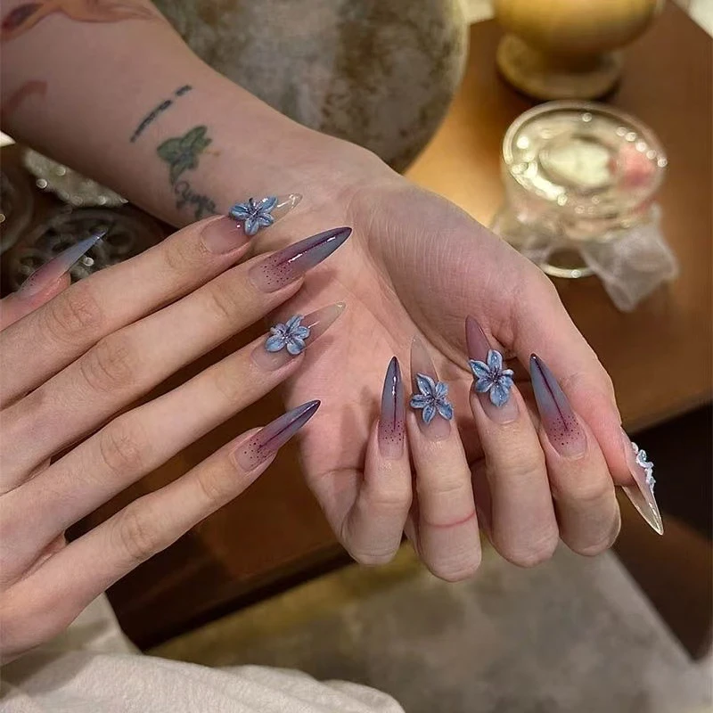 中长款穿戴甲片围感流色紫色渐变线条感立体雕花甜酷风美甲可拆卸