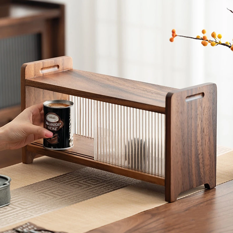 胡桃木桌面茶杯架子茶具带推拉门收纳架实木小型置物架台式博古架