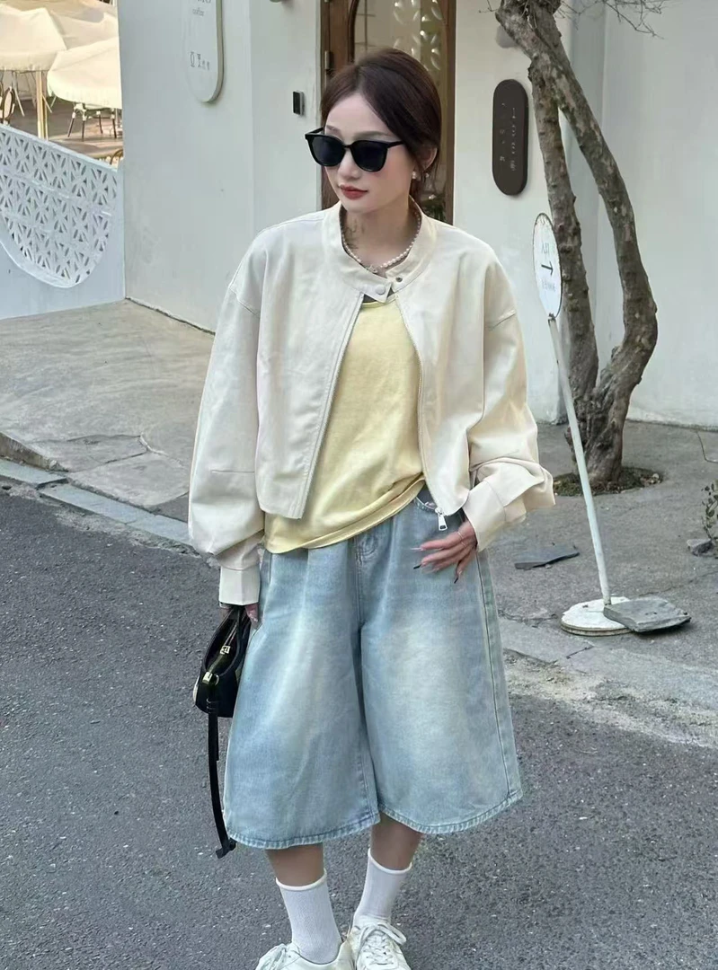 阿玉家&春季新款韩版简约休闲宽松领扣外套#6594