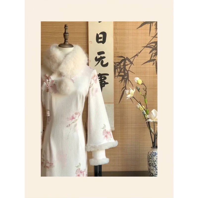 【落樱】新中式白色改良旗袍加绒修身气质提花国风连衣裙秋冬新款