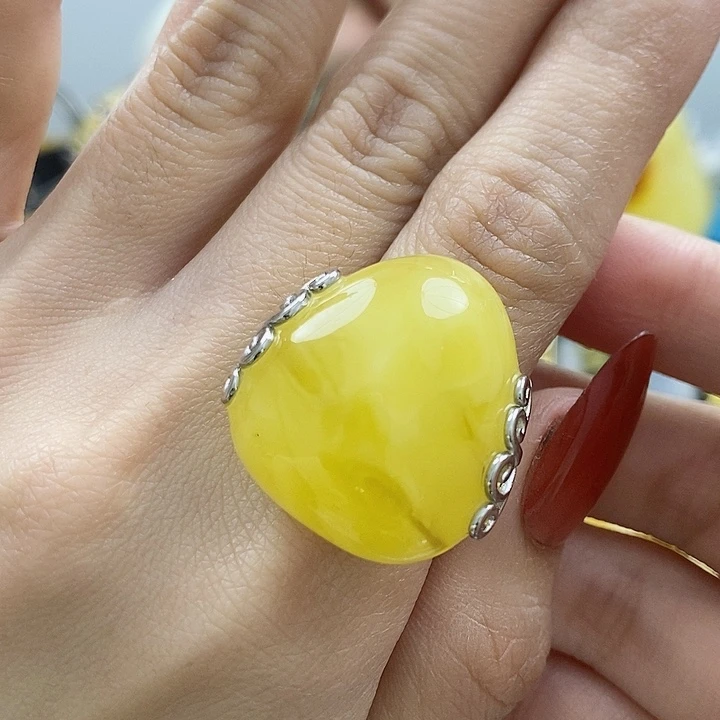 琥珀戒指银S925镶嵌戒指