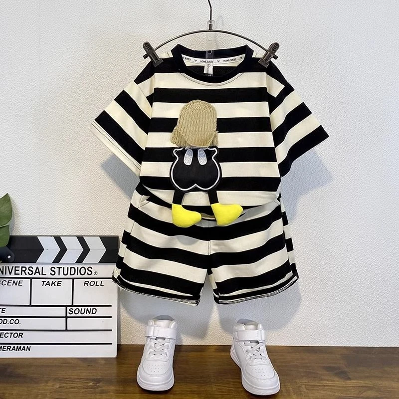 男童夏季套装洋气儿童短袖条纹衣服2025新款酷帅宝宝韩版薄夏装