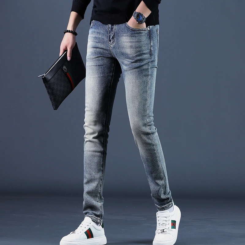 2025秋季新款高端时尚男士蓝色牛仔裤男修身小脚裤弹力休闲长裤子