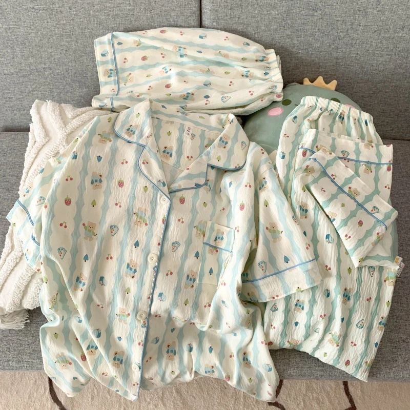【草莓小熊三件套】夏季短袖睡衣女款条纹网红透气薄款短裤长裤套装