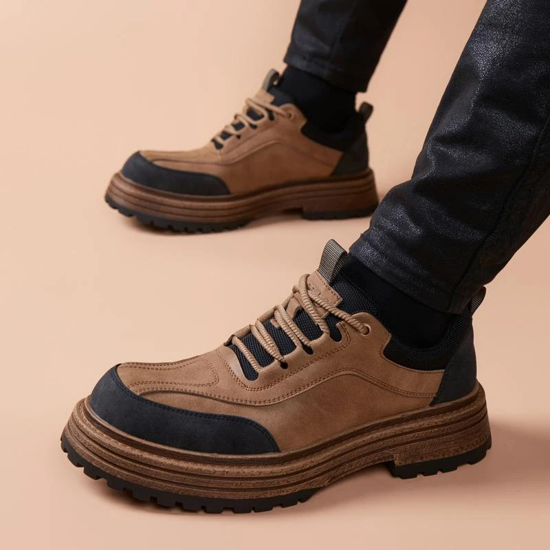 厚底增高时尚休闲鞋男士真皮透气系带商务皮鞋复古户外徒步工装鞋