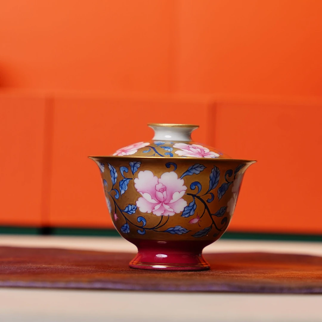 华隐堂   玫瑰红金地缠枝花卉盖碗   茶具茶杯纯手绘陶瓷纯手工银