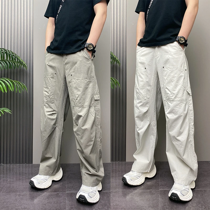 美式高街伞兵裤男夏季薄款宽松直筒裤2025新款多口袋工装休闲裤子