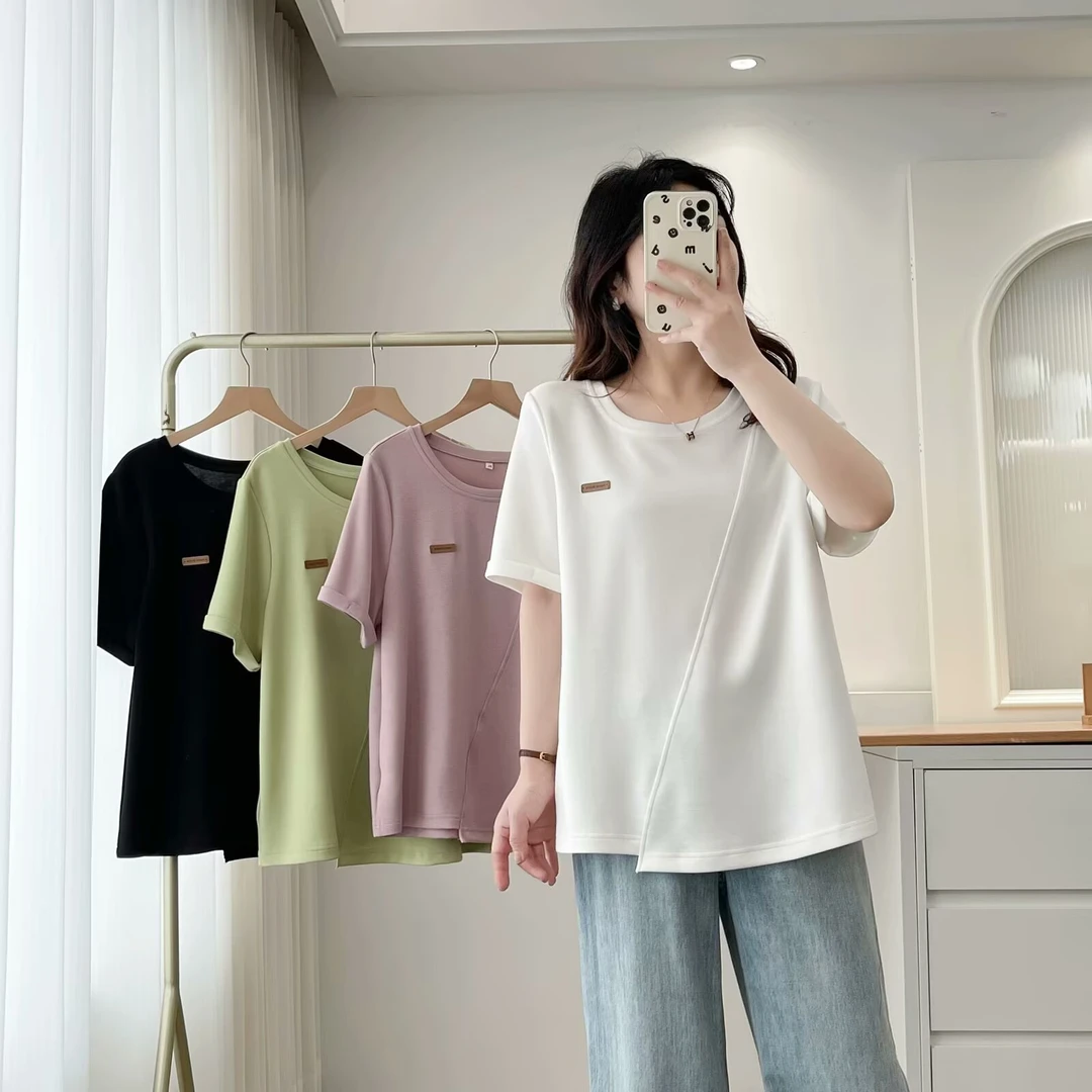大码夏季新款简约百搭正肩圆领贴标休闲短袖T恤1035