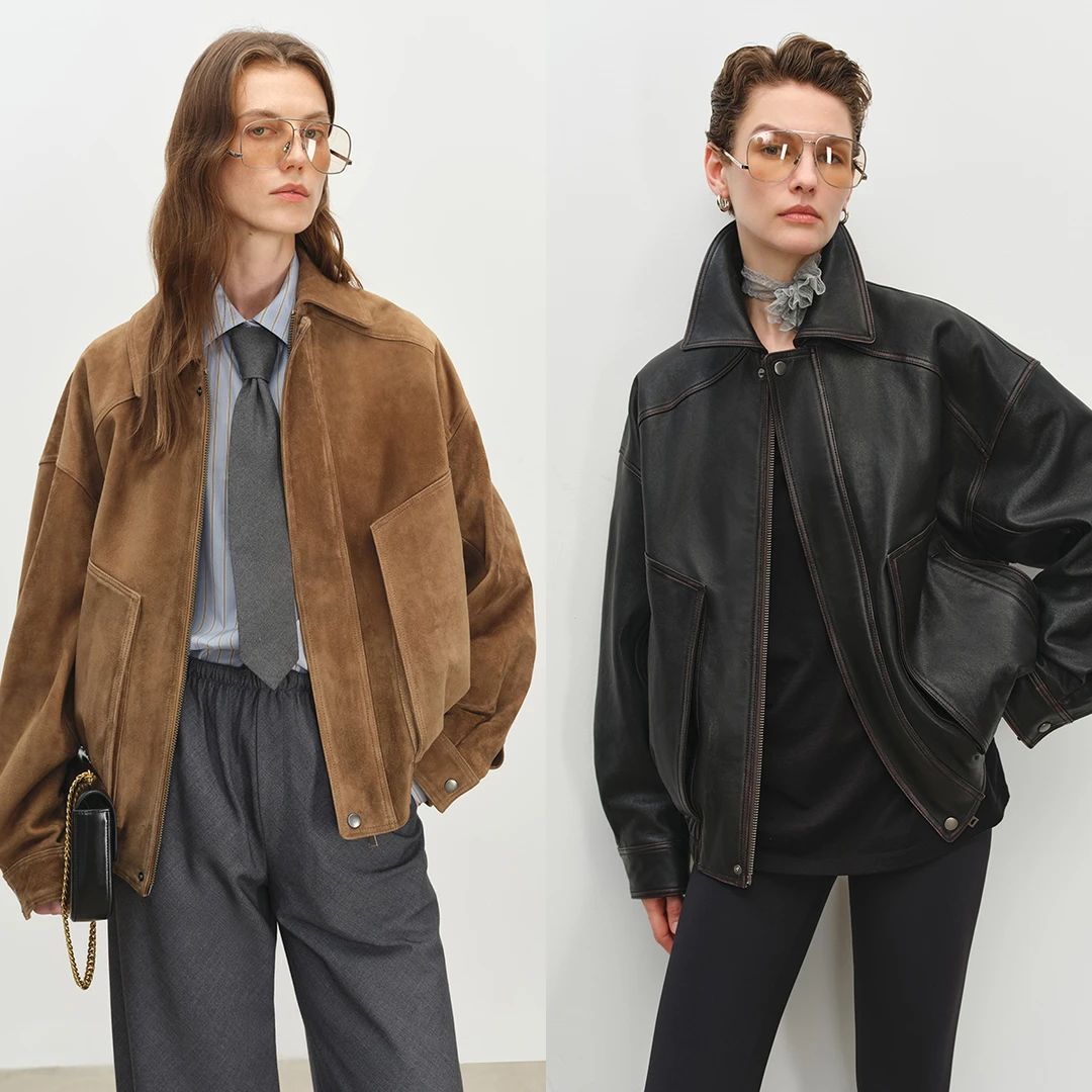 MSBEAST复古擦色/绒面双风格羊皮翻领马鞍肩工装皮夹克丨双星皮衣