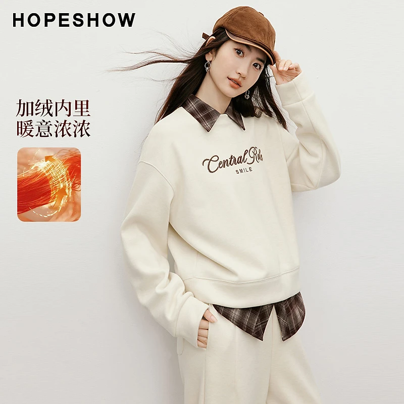 红袖2025冬款女装 植绒珠片字母刺绣落肩圆领加绒卫衣90125382101