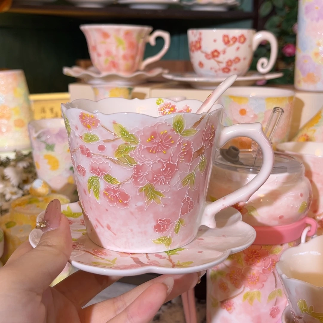 手柄款陶瓷桃花咖啡杯