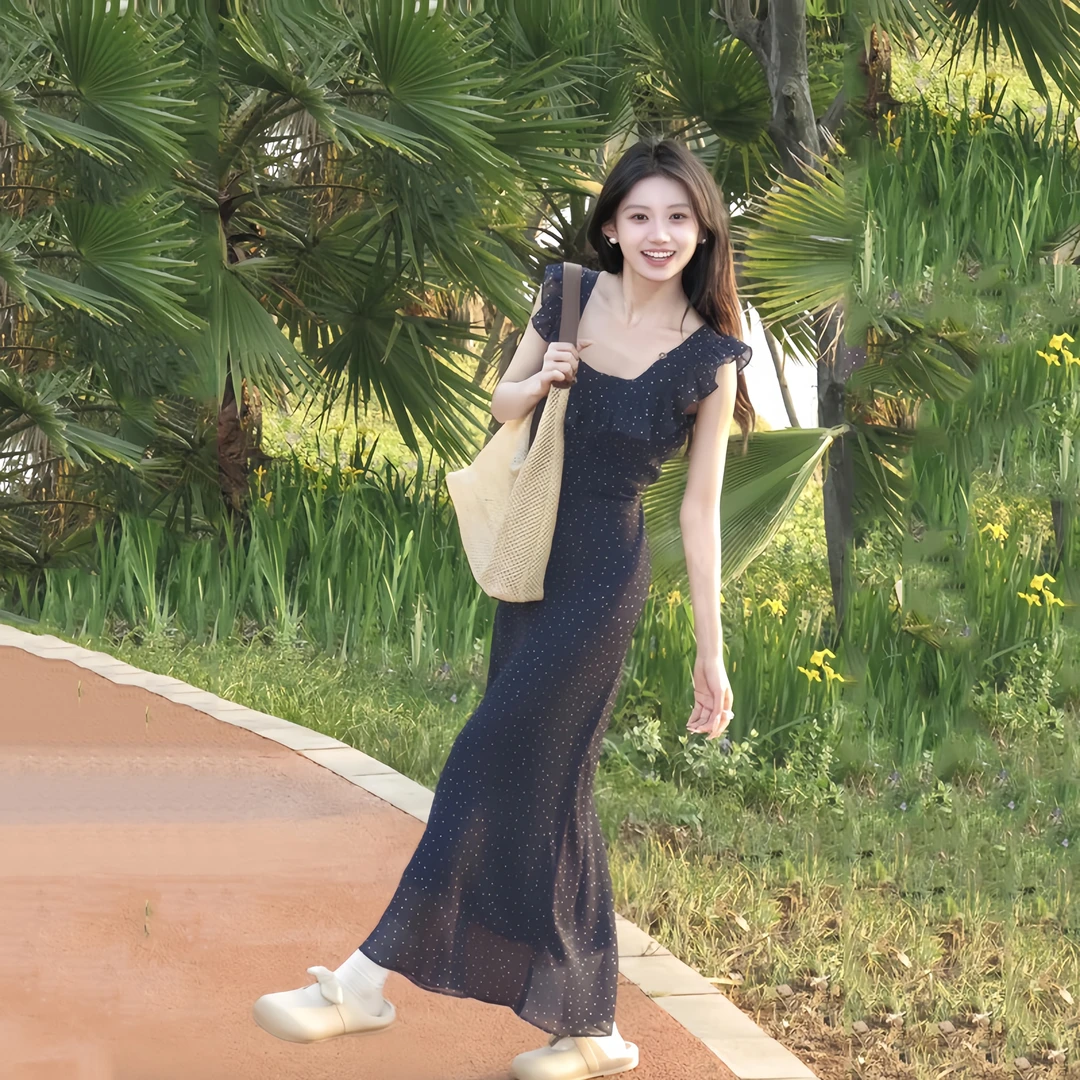 【星河点点】法式茶歇雪纺碎花连衣裙女夏季小飞袖中长款荷叶边长裙