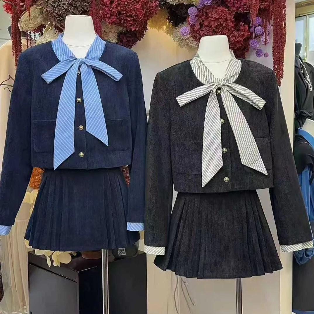 大小姐家——秋冬拼接短外套搭配高腰百褶短裙女套装
