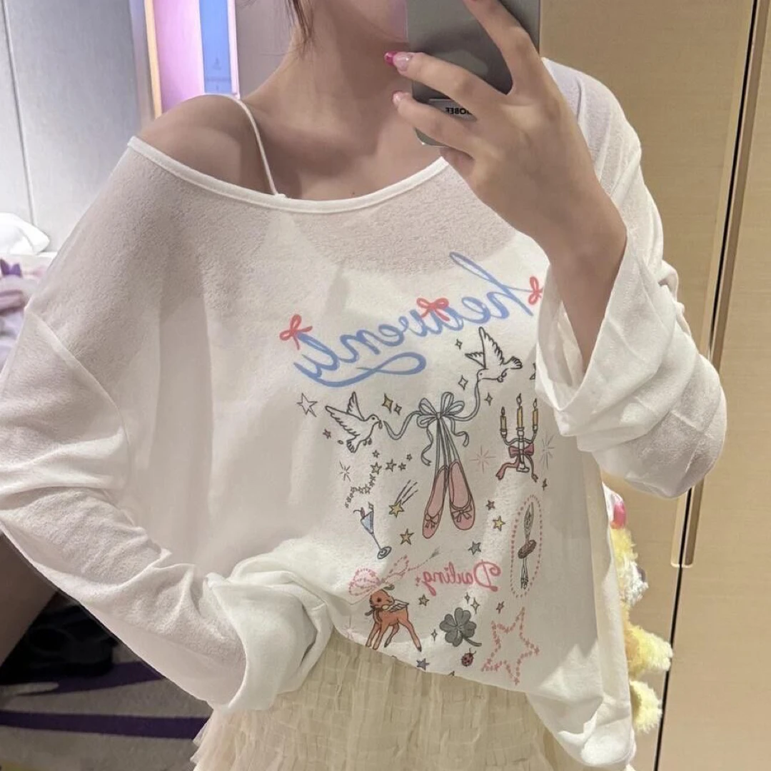没有运费险！！常规款长袖印花防晒打底衫夏季白色休闲T恤