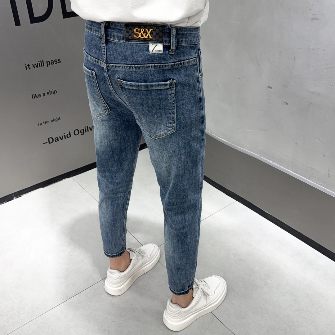 蓝色九分牛仔裤男秋季新款美式水洗高端复古痞帅百搭修身小脚裤子