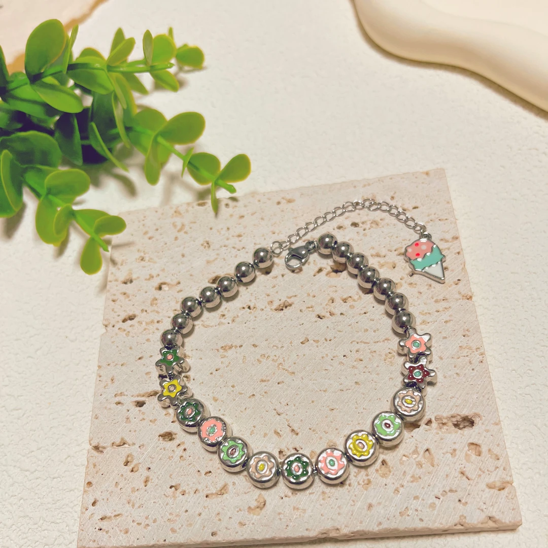 钛钢手链 3200钛钢多巴胺双面小花两戴手链脚链可戴（长26）